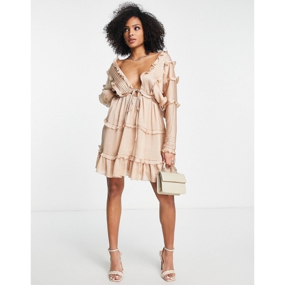New ASOS Design Tiered Soft Mini Dress Pleated Tie Front Open Back Blush Sz 4 - Picture 4 of 12